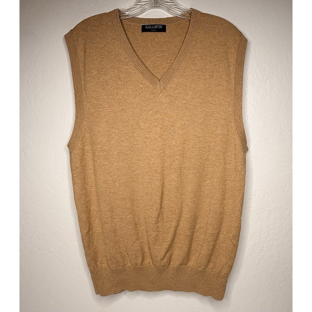 Kallspin Wool Blend Sweater Vest Mens Large Brown Knit V‎ Neck Preppy Nerdy Work